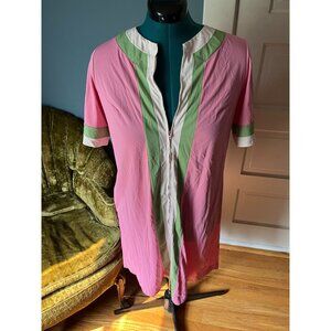 Vintage 70s Pink with Green + White Striped SS Midi Kaftan with Retro Stripes